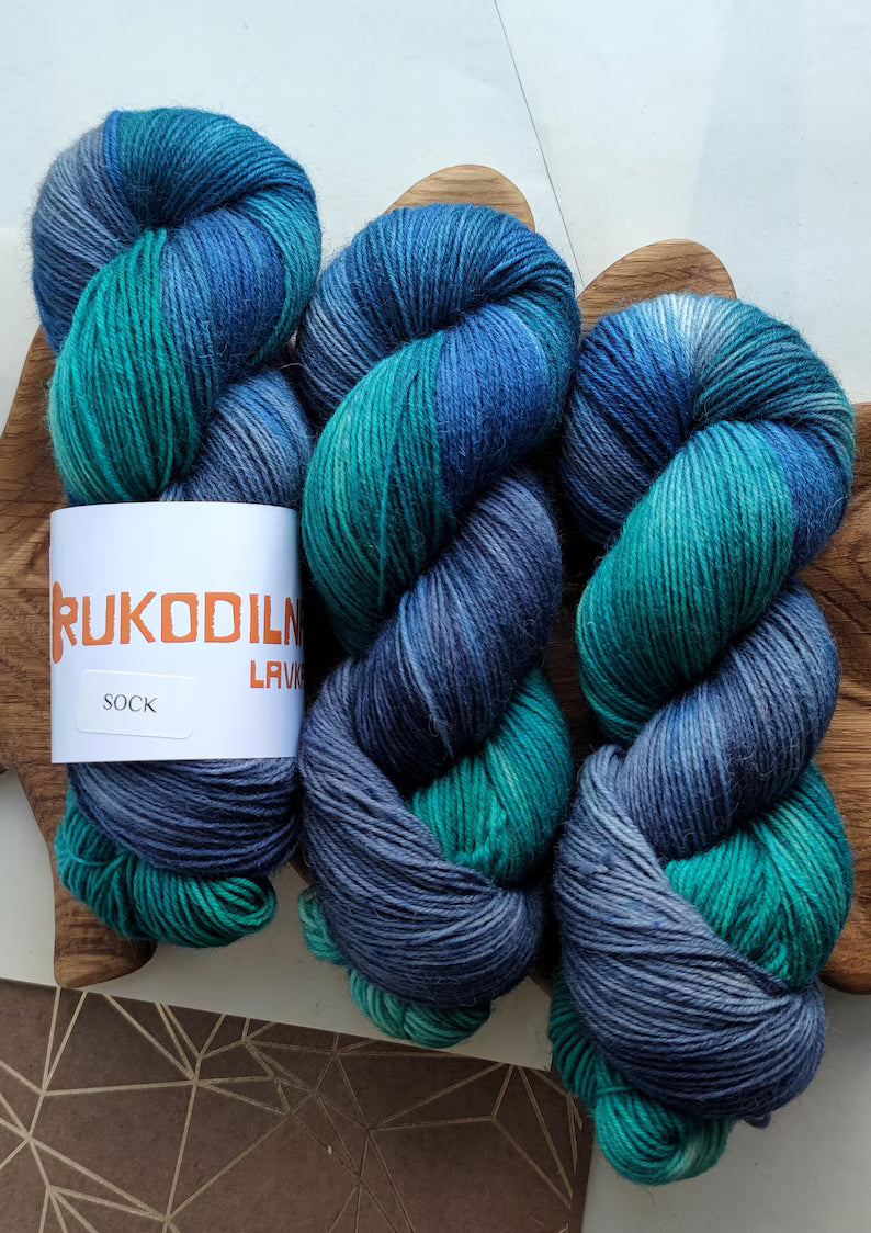 Hand Dyed Sock Yarn, Blue Green Variegated Yarn, Superwash Wool Nylon Fingering Weight Yarn for Socks Shawls Sweaters