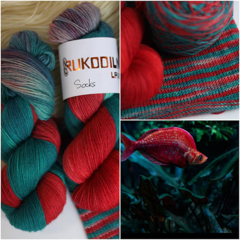 Hand dyed sock yarn in emerald green, red and lavender shades, fingering weight wool nylon yarn with knitted striped sample showing color transitions.