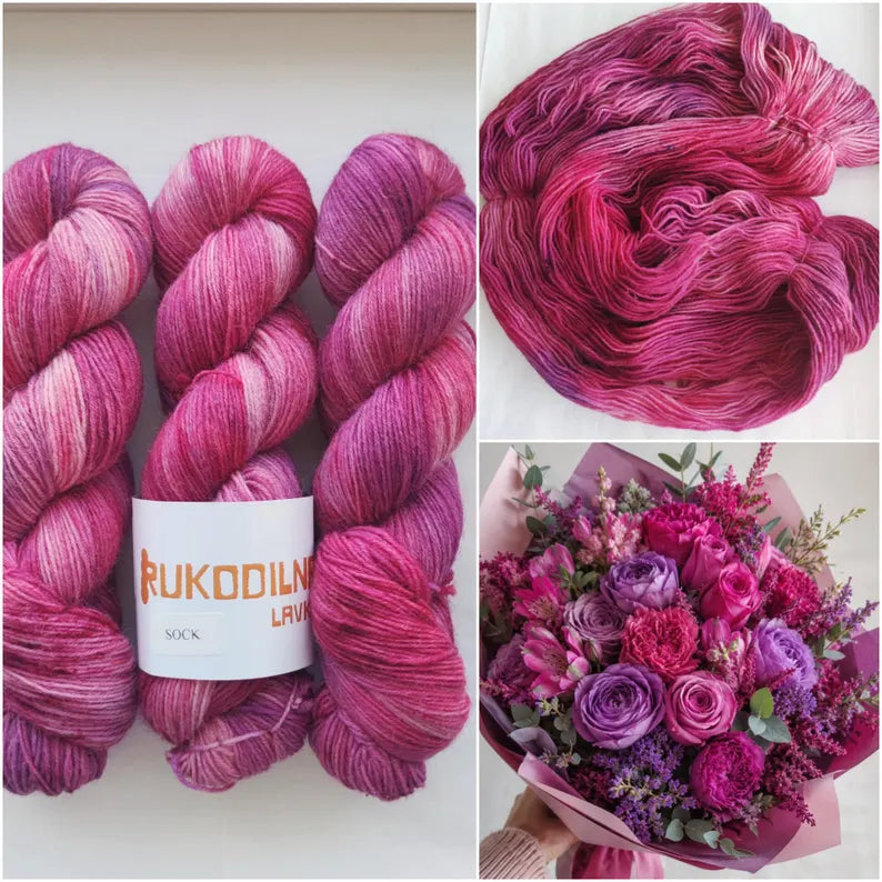 Hand dyed berry pink sock yarn with raspberry and magenta tones, wool polyamide fingering weight 4ply yarn for socks and shawls
