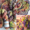 Hand dyed sock yarn in grape purple, lavender, blush pink, olive green and golden tones inspired by autumn vineyards.
