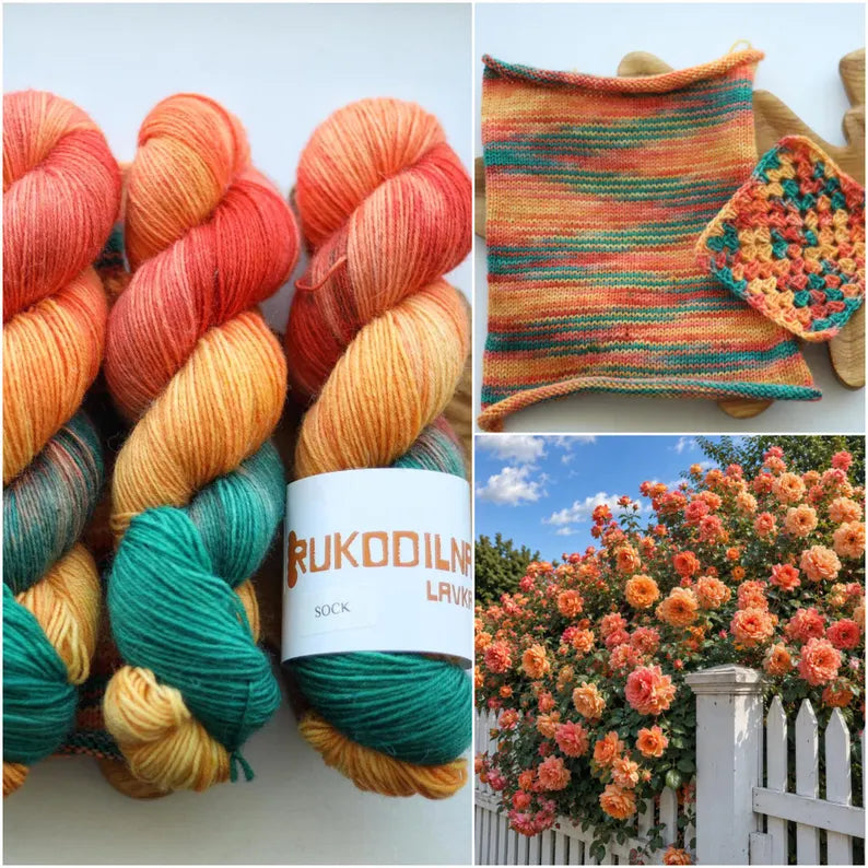 Hand dyed sock yarn in coral, peach, orange, golden yellow and teal green shades, variegated wool nylon yarn inspired by a summer rose garden.