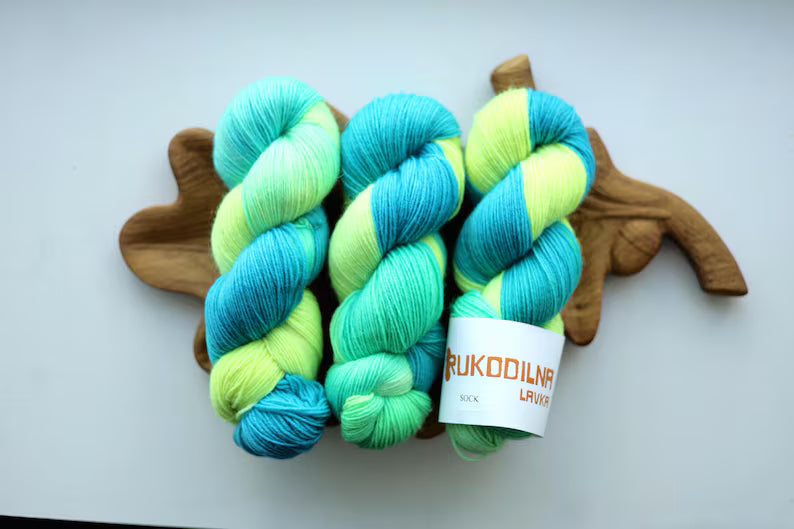 Hand Dyed Aqua Sock Yarn – Turquoise Mint Neon Yellow Fingering Weight Wool Nylon Yarn