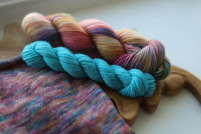 Hand dyed rainbow variegated sock yarn set with one 100g skein and one turquoise 20g mini skein