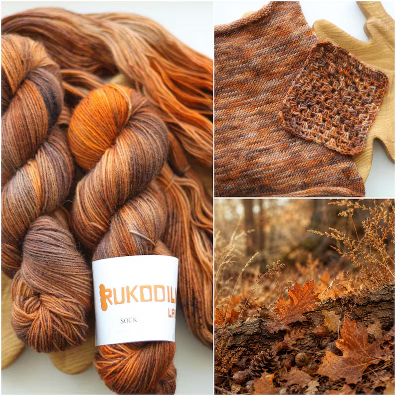 Autumn variegated hand dyed sock yarn in burnt orange, burgundy and chestnut colors, fingering weight, 100g 400m.