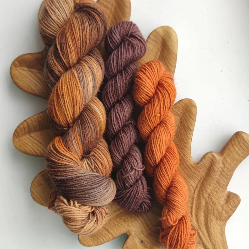 Hand dyed sock yarn set with one 100g skein and two 20g mini skeins in burnt orange, caramel and chocolate brown shades for knitting colorful socks.