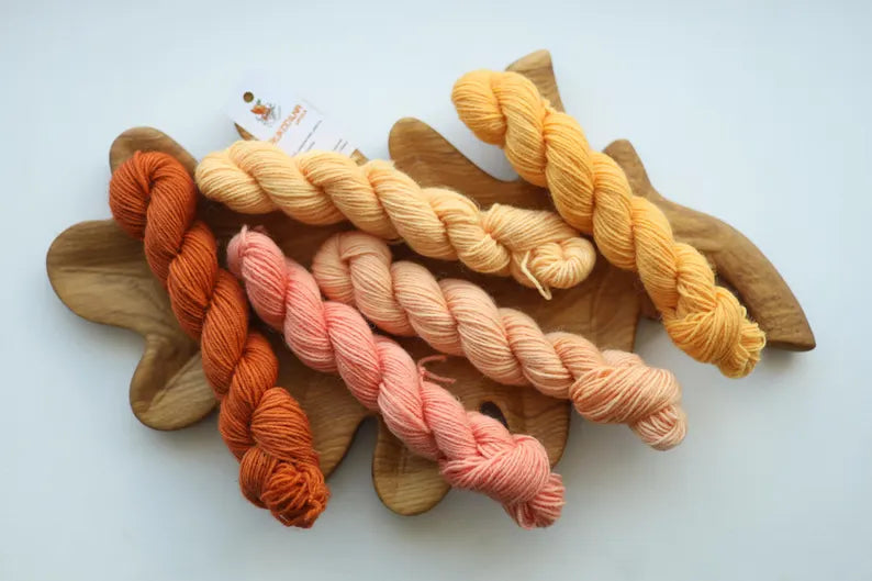 Hand dyed mini skein set featuring terracotta, coral, blush pink, peach and buttery yellow sock yarn mini skeins displayed on a wooden leaf tray.