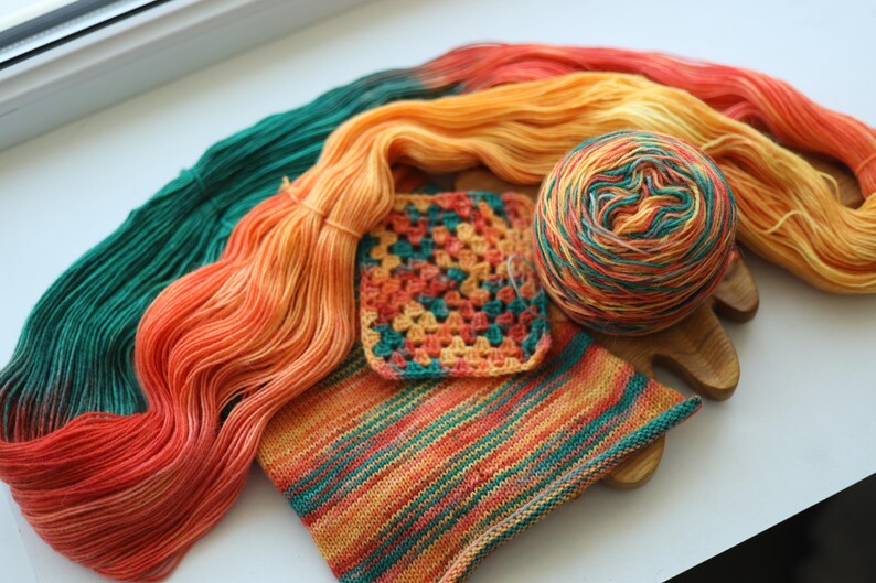 Hand dyed sock yarn set with matching mini skein in coral, green, red, and yellow, 100g + 20g fingering weight wool nylon knitting yarn for socks.