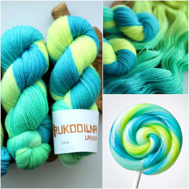 Hand dyed aqua sock yarn in turquoise mint and neon yellow, fingering weight wool nylon knitting yarn