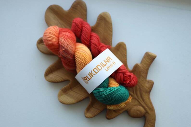 Hand dyed sock yarn set with matching mini skein in coral, green, red, and yellow, 100g + 20g fingering weight wool nylon knitting yarn for socks.