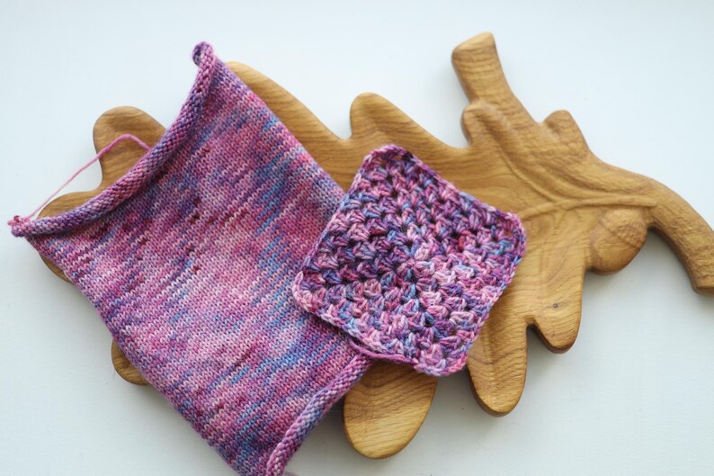 Hand dyed sock yarn set with matching 20g mini skein in pink, blue and lavender shades, fingering weight wool nylon knitting yarn.