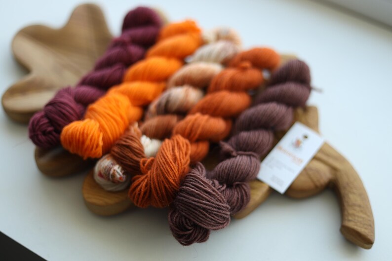 Hand dyed autumn mini skein set in pumpkin orange, rust, burgundy and brown shades, fingering weight wool nylon sock yarn for knitting and crochet.