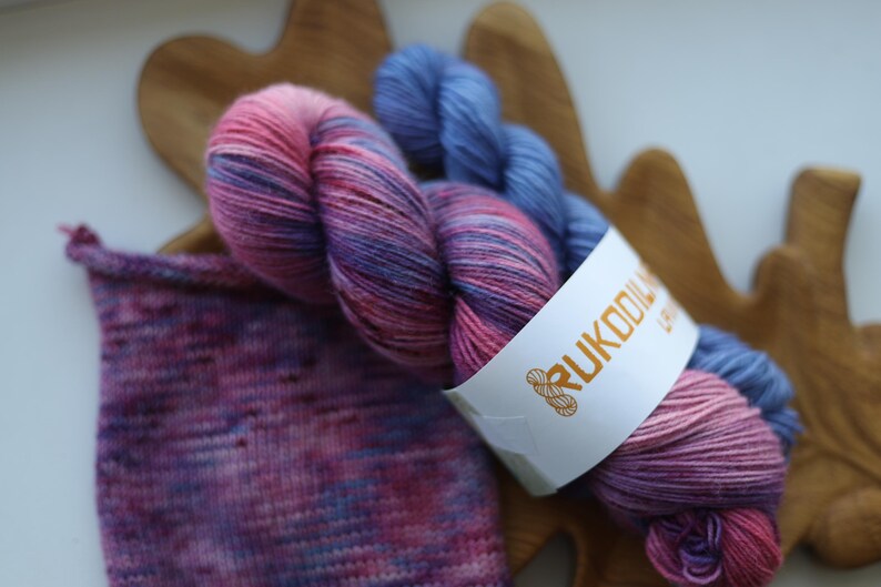 Hand dyed sock yarn set with matching 20g mini skein in pink, blue and lavender shades, fingering weight wool nylon knitting yarn.