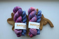 Hand dyed sock yarn set with matching 20g mini skein in pink, blue and lavender shades, fingering weight wool nylon knitting yarn.