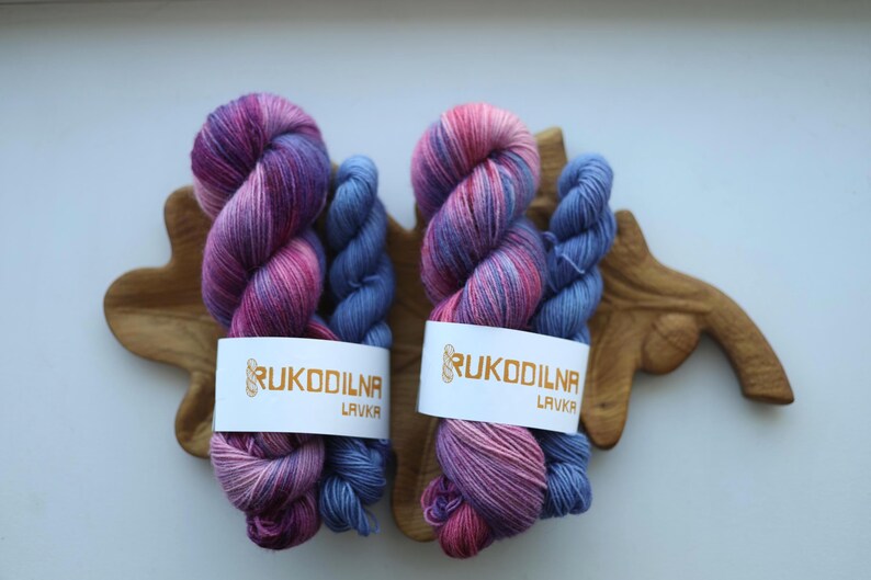 Hand dyed sock yarn set with matching 20g mini skein in pink, blue and lavender shades, fingering weight wool nylon knitting yarn.