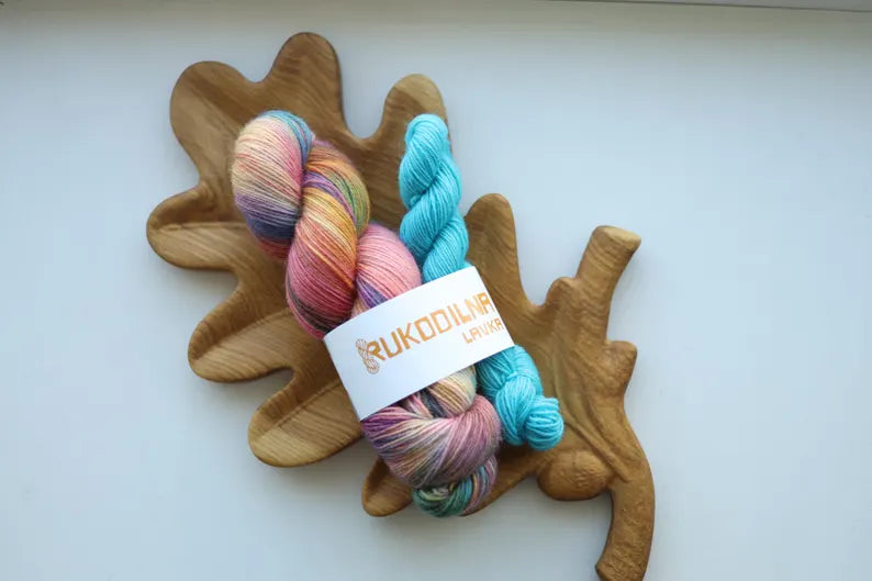 Hand dyed rainbow variegated sock yarn set with one 100g skein and one turquoise 20g mini skein