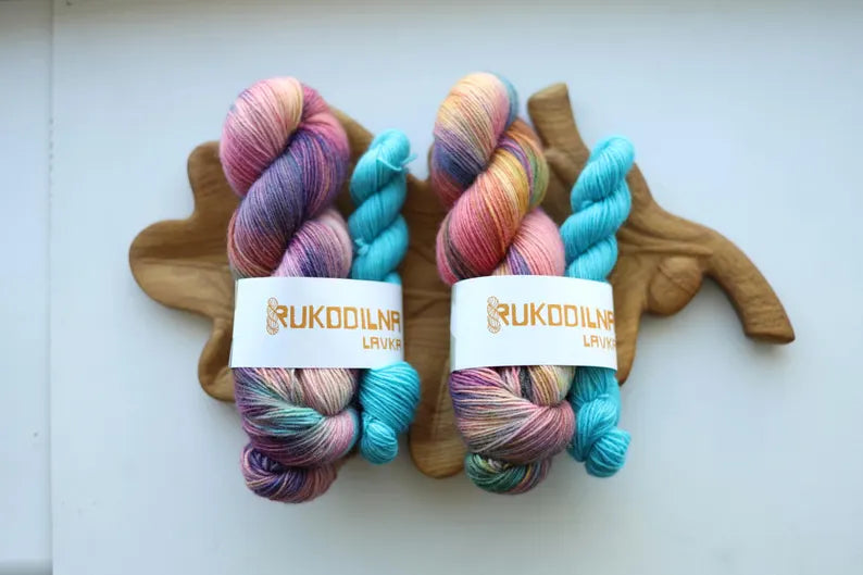 Hand dyed rainbow variegated sock yarn set with one 100g skein and one turquoise 20g mini skein