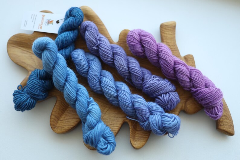 Hand dyed mini skein set with five blue and purple fingering weight sock yarn mini skeins for knitting and crochet colorwork.