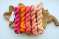 Hand dyed mini skein set with five coordinating sock yarn minis in pink, coral, peach and cream shades for fade knitting and colorwork projects.