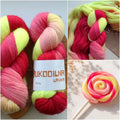 Hand-dyed fingering weight sock yarn in pink, coral, neon yellow and blush shades, 100g 400m, 75% wool and 25% polyamide.