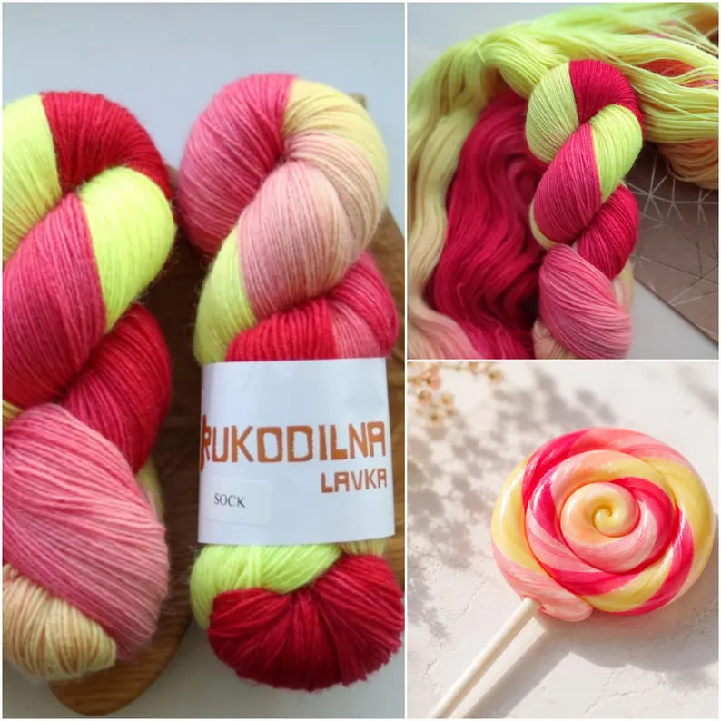 Hand-dyed fingering weight sock yarn in pink, coral, neon yellow and blush shades, 100g 400m, 75% wool and 25% polyamide.
