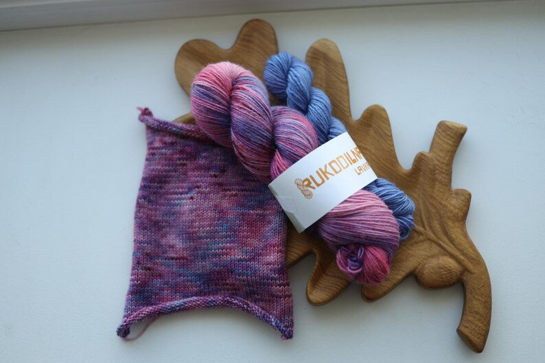 Hand dyed sock yarn set with matching 20g mini skein in pink, blue and lavender shades, fingering weight wool nylon knitting yarn.