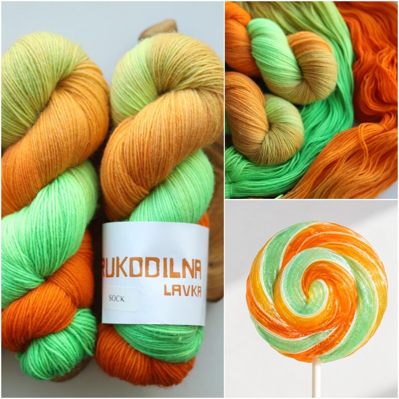 Hand dyed neon sock yarn in orange lime green and yellow, fingering weight wool nylon knitting yarn