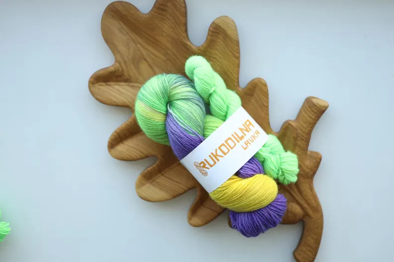 Hand Dyed Sock Yarn Set – Lime Green, Purple & Yellow, 100g + 20g Mini Skein, Fingering Weight