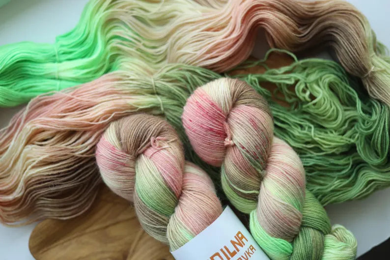 Apple Blossom Hand Dyed Sock Yarn | Green Pink Fingering Weight Yarn | 100g 400m