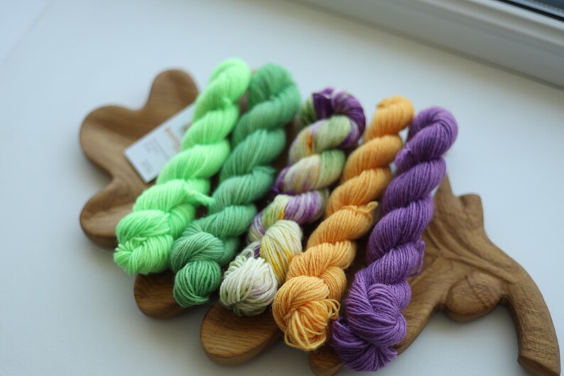 Hand Dyed Mini Skein Set – Green, Sage, Purple & Mustard | 5 Mini Skeins | Fingering Weight Yarn
