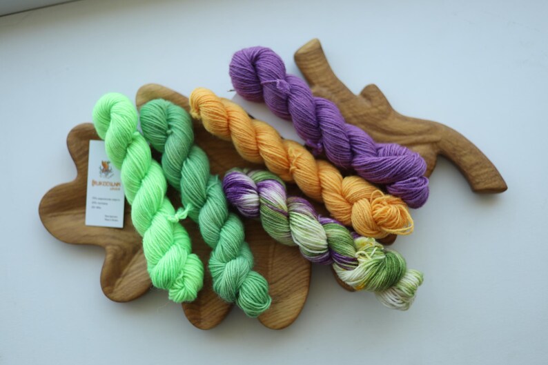 Hand Dyed Mini Skein Set – Green, Sage, Purple & Mustard | 5 Mini Skeins | Fingering Weight Yarn