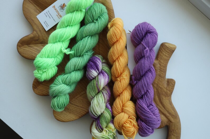 Hand Dyed Mini Skein Set | Green Purple Fingering Yarn | 5 Mini Skeins