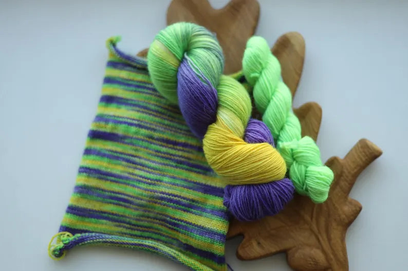 Hand Dyed Sock Yarn Set – Lime Green, Purple & Yellow, 100g + 20g Mini Skein, Fingering Weight