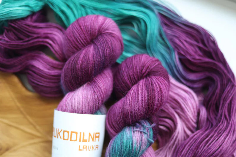 Purple Green Hand Dyed Sock Yarn
