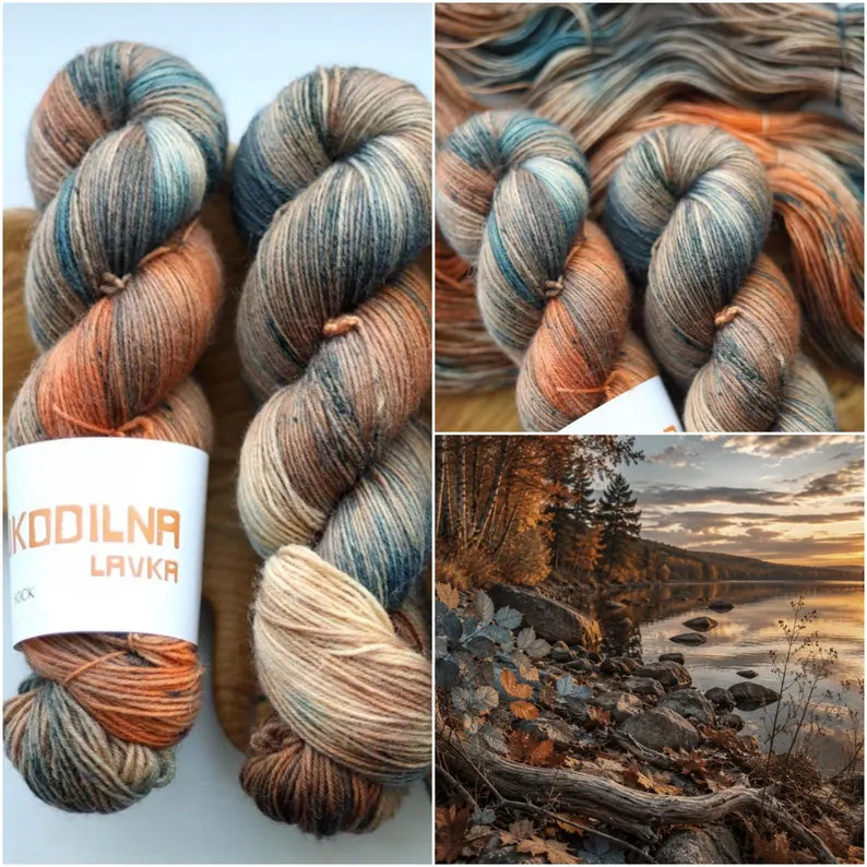 Hand-dyed autumn variegated sock yarn in teal, copper and earthy tones. Fingering weight, 75% wool, 25% polyamide, 100g / 400m. Perfect for socks, shawls and accessories