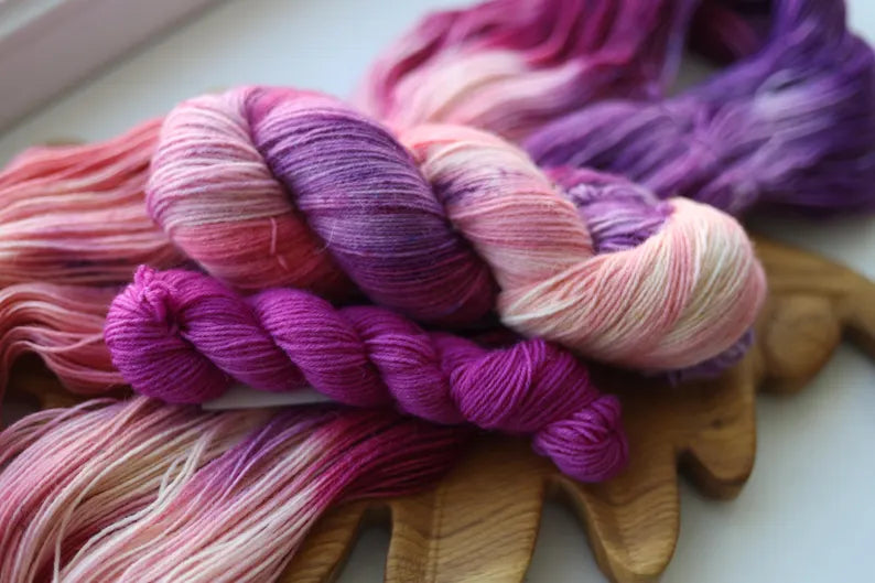 Hand dyed sock yarn set with pink purple variegated 100 g skein and fuchsia 20 g mini skein.