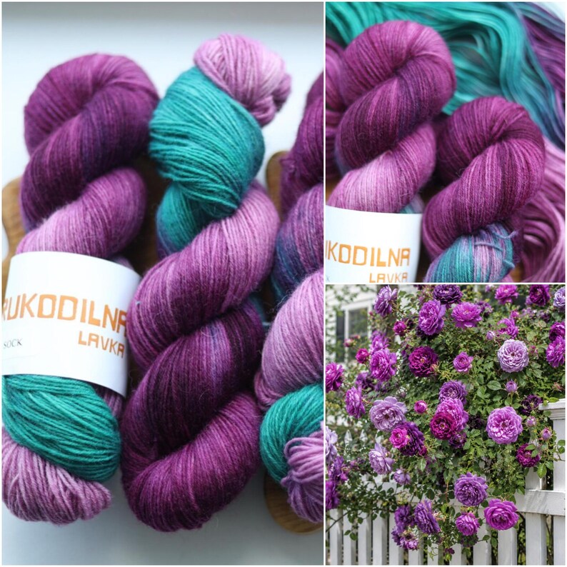 Purple and green hand dyed sock yarn with lavender shades, 4-ply fingering weight yarn for knitting socks.