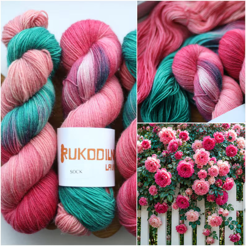 Pink and green hand dyed sock yarn, colorful 4-ply fingering yarn for knitting socks.