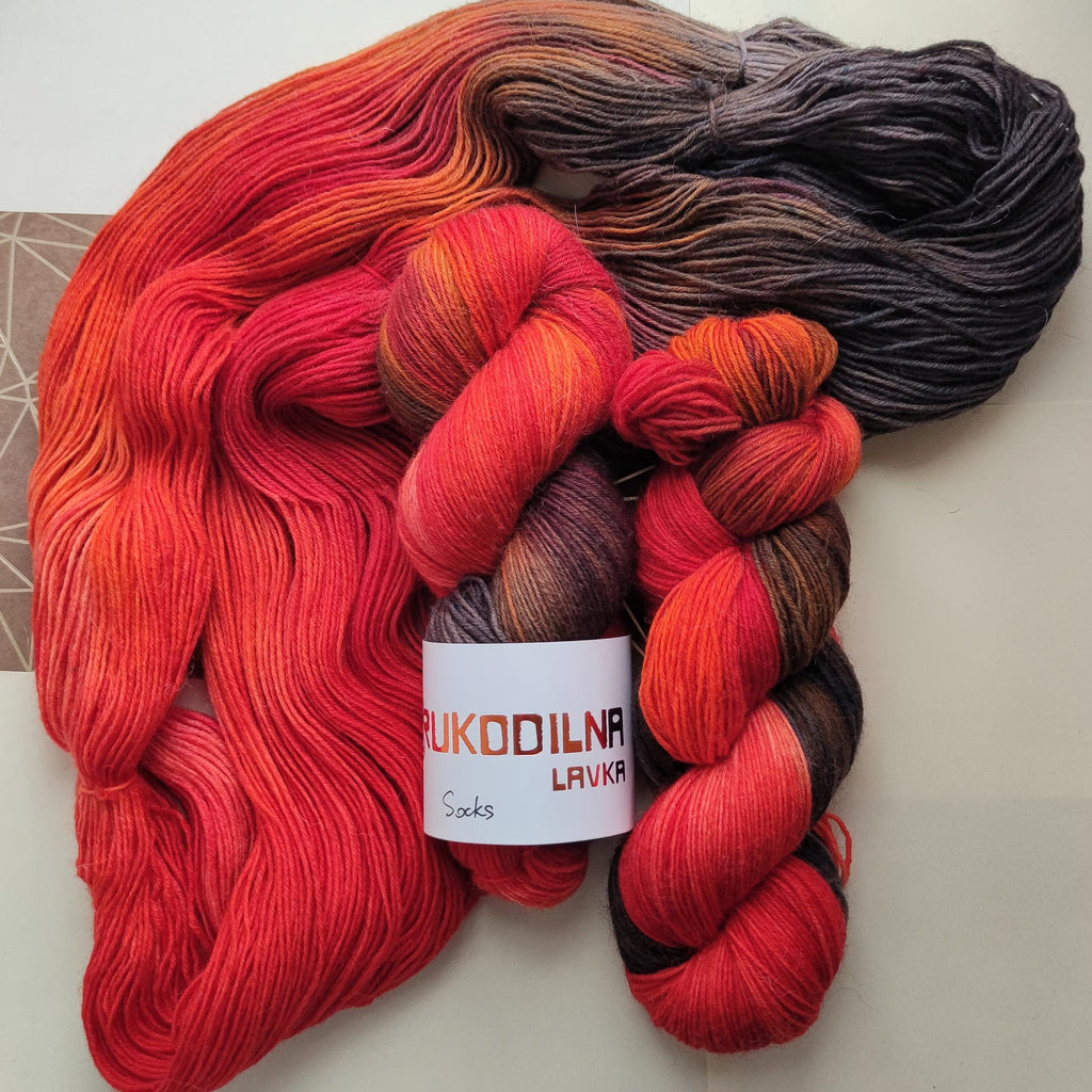 Hand dyed red black sock yarn with fiery orange transitions, goth inspired wool polyamide fingering weight 4ply yarn for socks and shawls