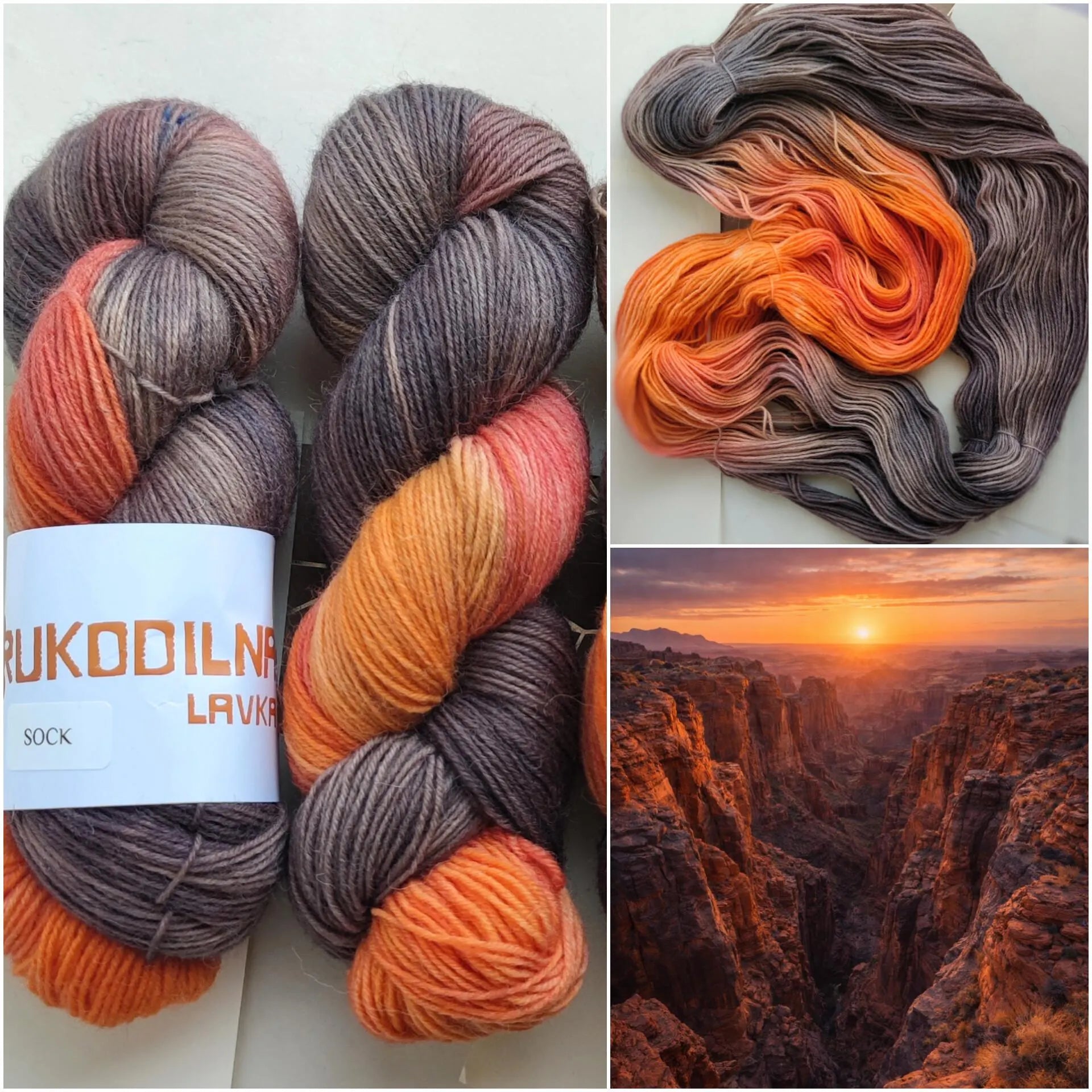 Hand dyed variegated sock yarn in smoky grey, charcoal, coral and bright orange shades, superwash wool nylon fingering weight 4 ply yarn for knitting socks shawls and sweaters