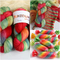 Bright hand dyed sock yarn in watermelon pink, lime green, aqua blue and sunset orange tones on superwash wool nylon fingering weight base.