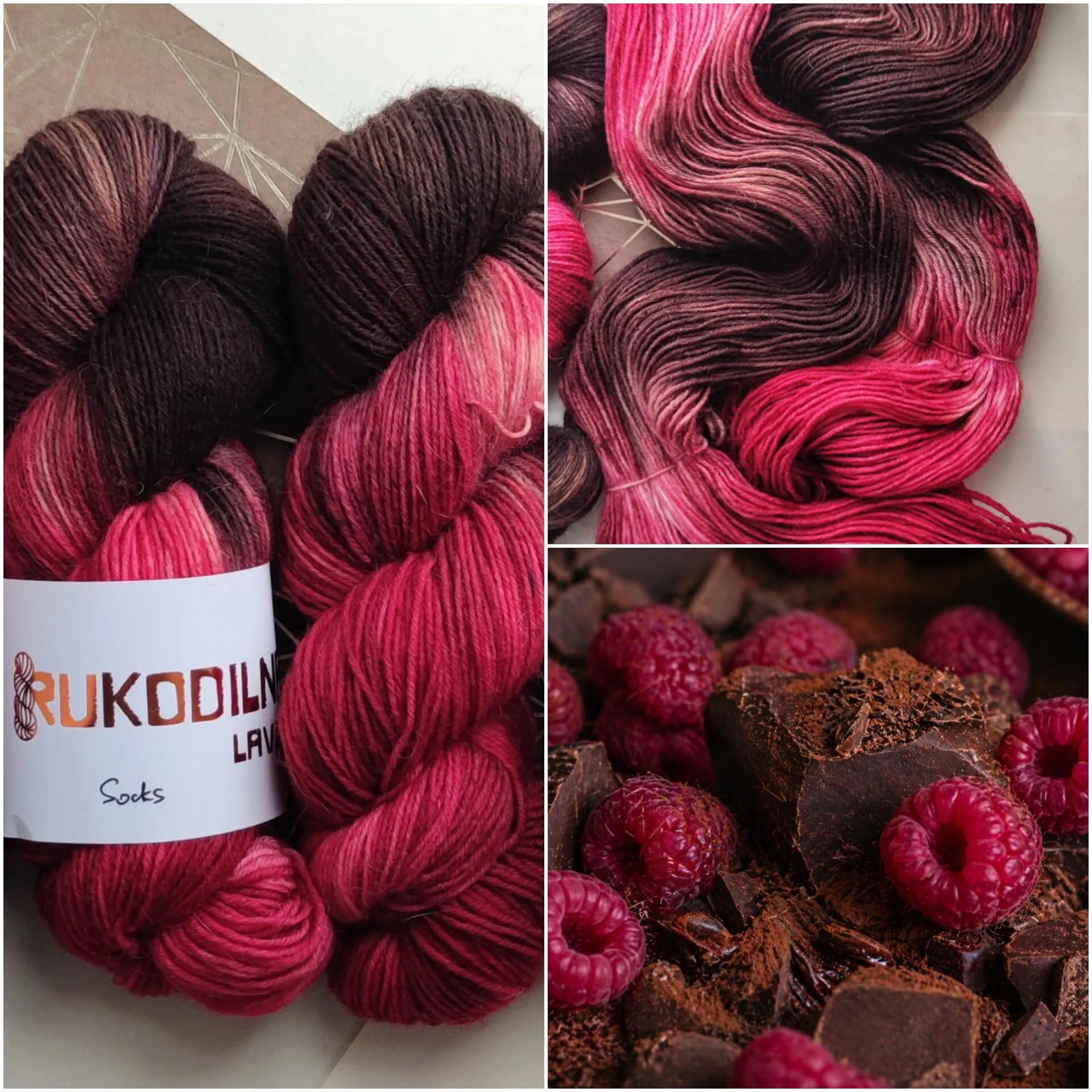 Hand dyed wool polyamide sock yarn in raspberry pink and deep chocolate brown shades inspired by berries and dark cocoa tones.