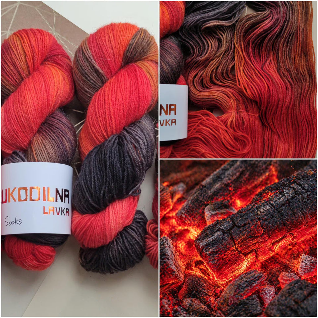 Hand dyed red black sock yarn with fiery orange transitions, goth inspired wool polyamide fingering weight 4ply yarn for socks and shawls