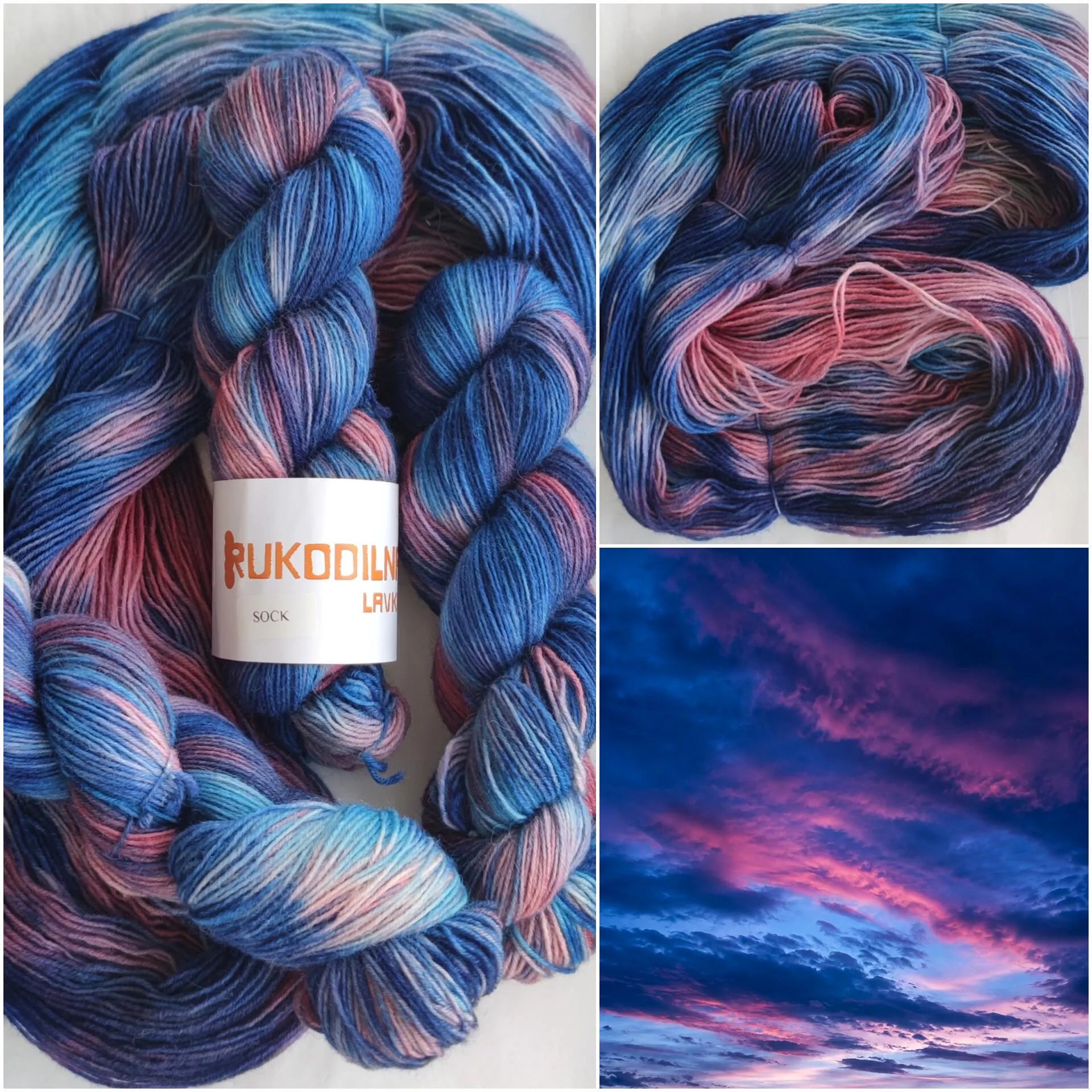 Hand dyed sock yarn in electric blue, raspberry red, icy pink and deep cobalt tones on superwash wool nylon fingering weight base.